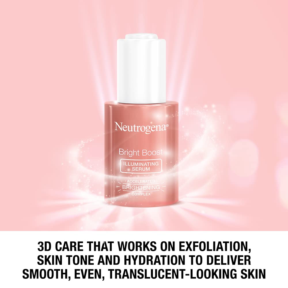 Neutrogena Bright Boost serum packaging on shelf highlights lightweight, oil-free formula