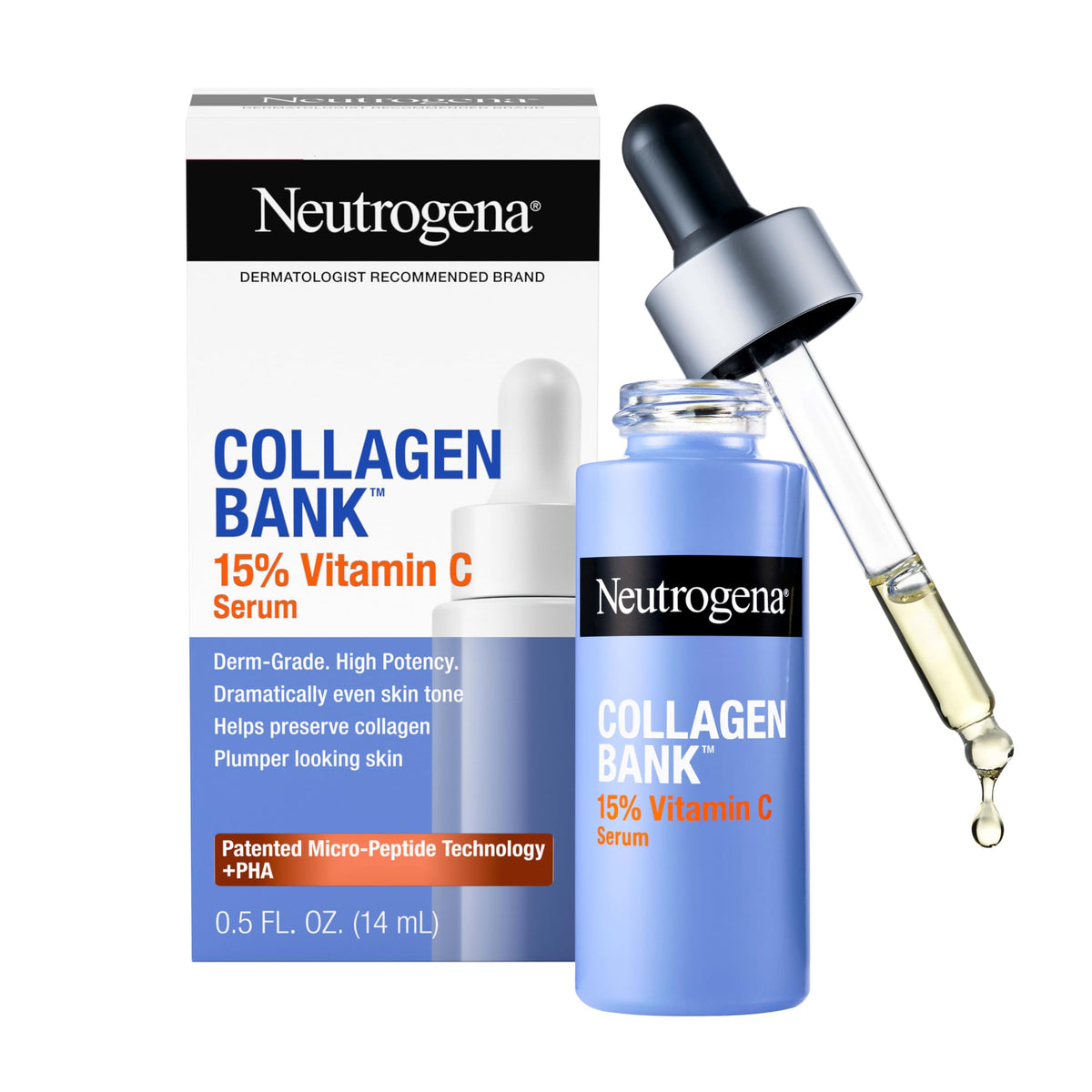 Neutrogena Collagen Bank bottle pour with 15-percent vitamin C for instant glow.
