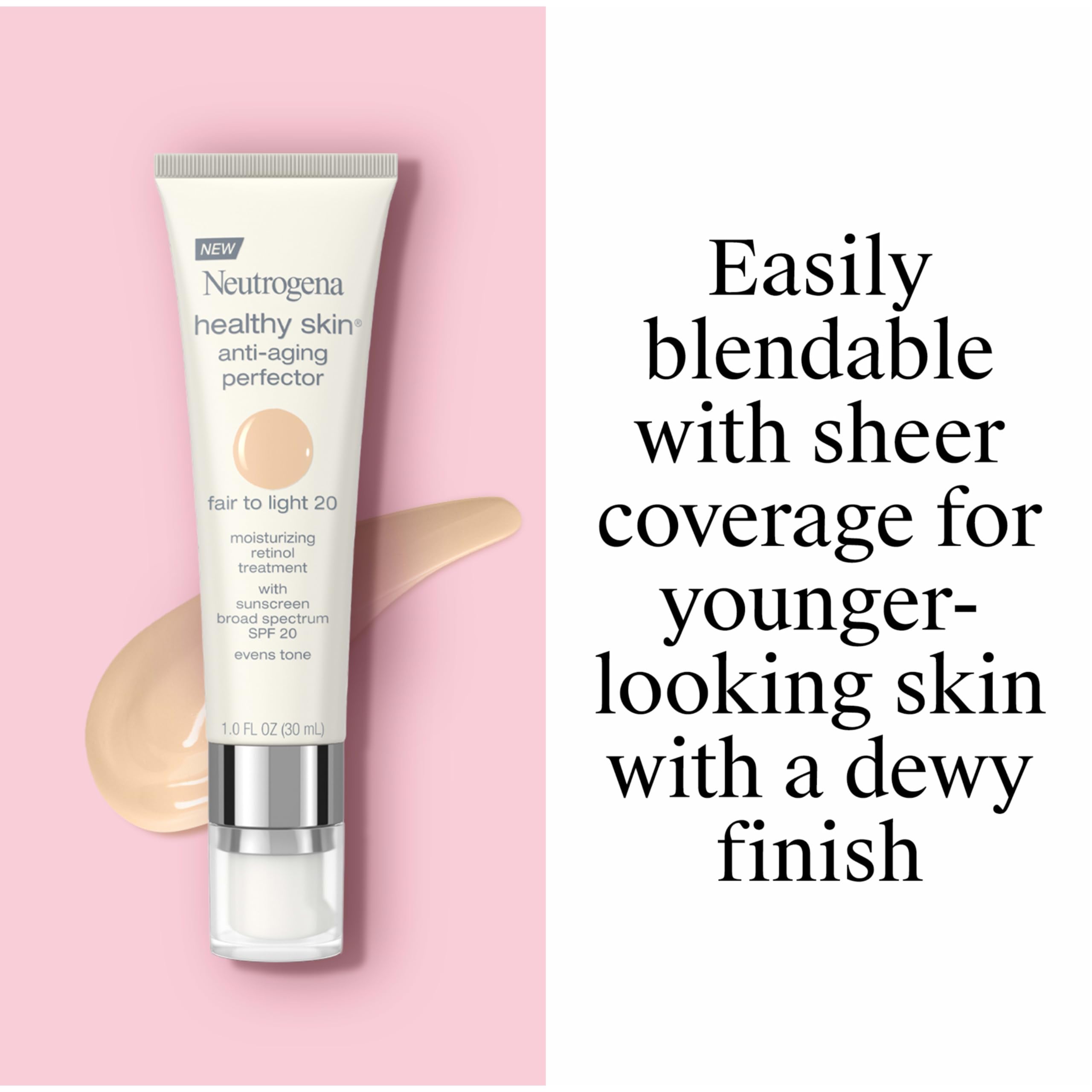 Neutrogena tinted moisturizer swatch on skin shows natural dewy finish.