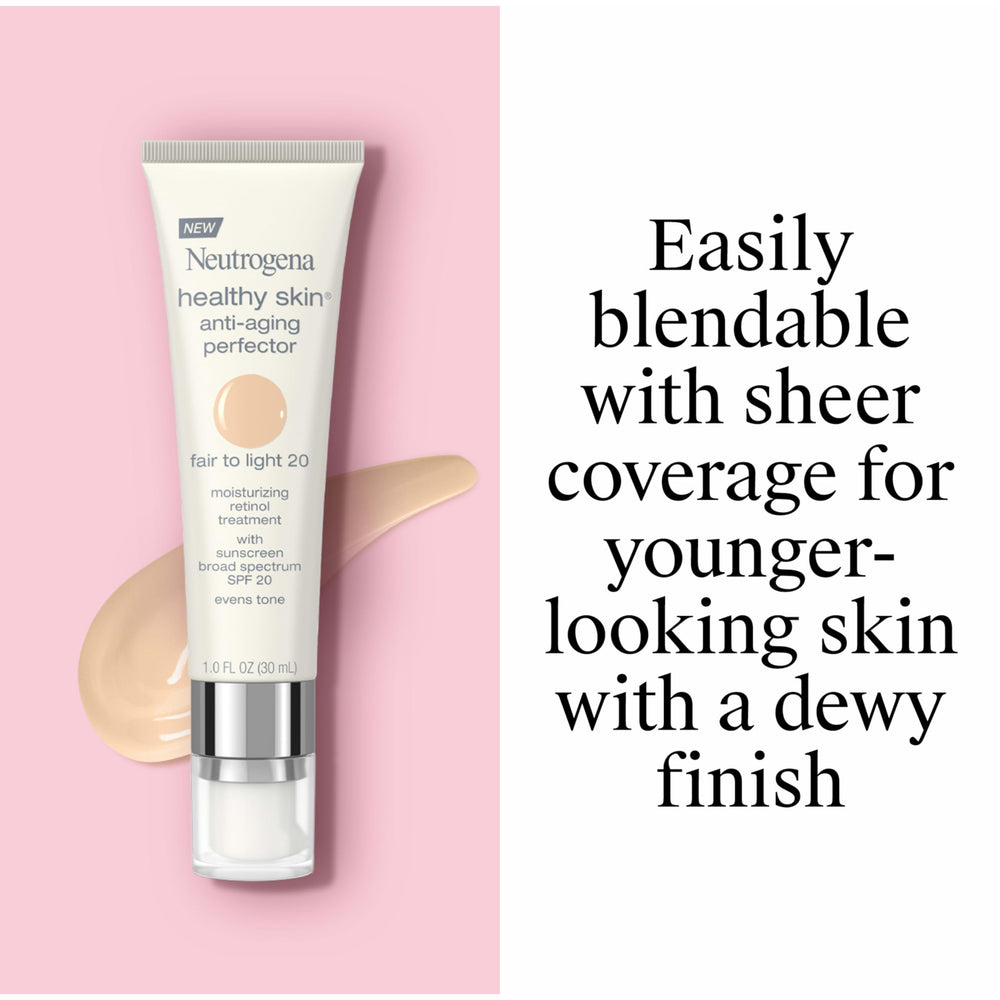 Neutrogena tinted moisturizer swatch on skin shows natural dewy finish.