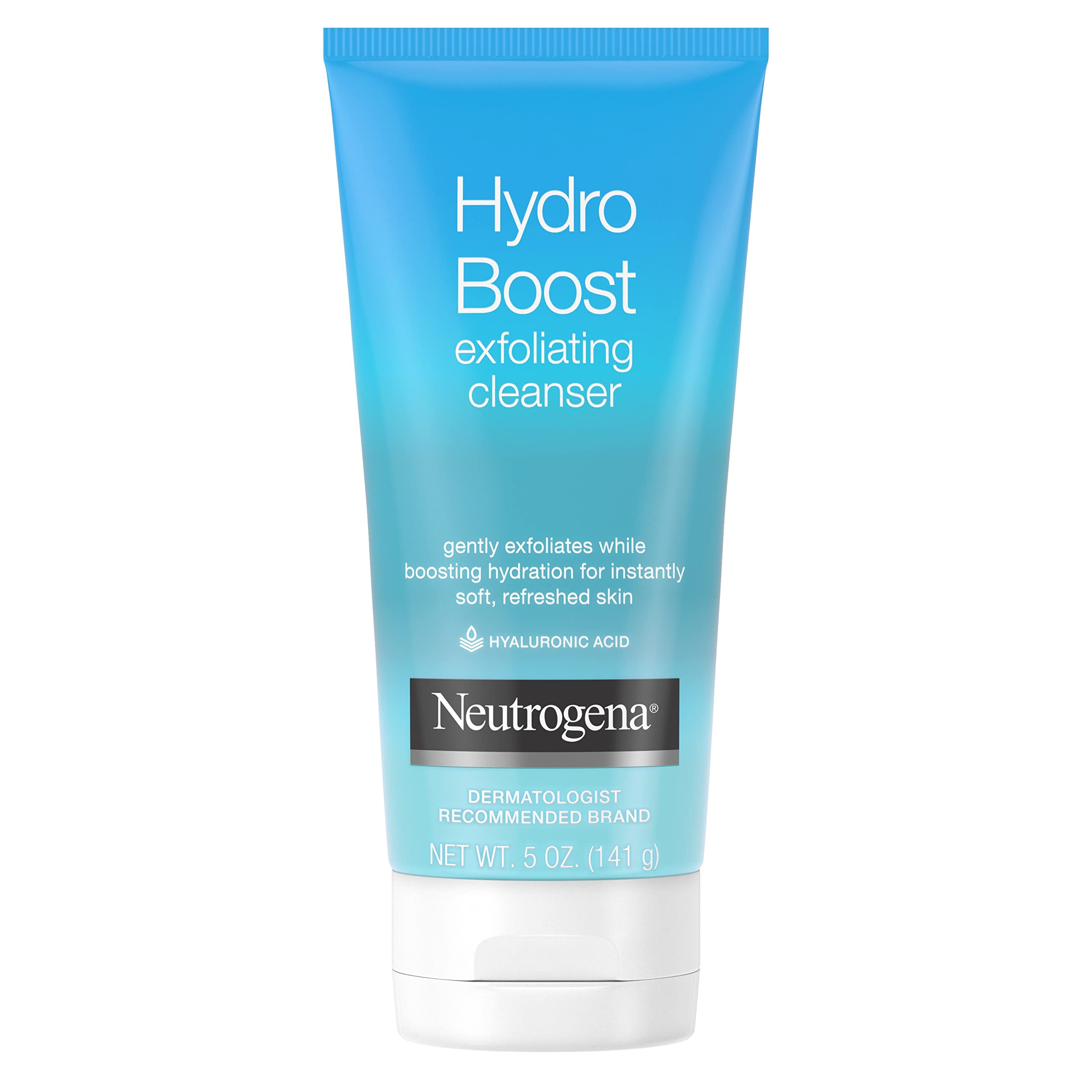 Neutrogena Hydro Boost exfoliating face wash tube 3 delivers moisture as it cleanses gently.