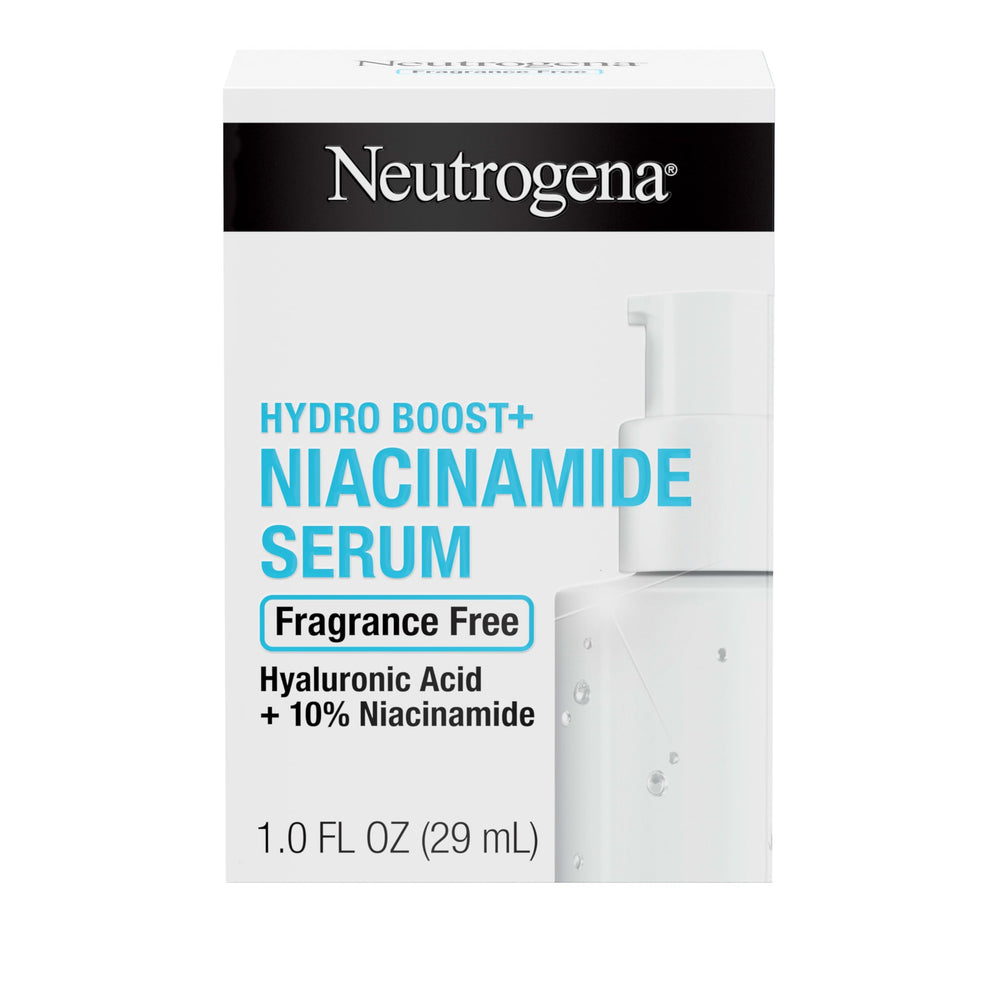 Neutrogena Hydro Boost+ Niacinamide Serum bottle highlights hydration for a refreshed complexion.