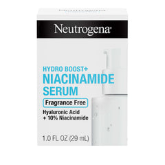 Neutrogena Hydro Boost+ Niacinamide Serum bottle highlights hydration for a refreshed complexion.
