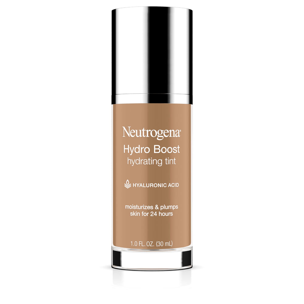 Neutrogena Hydro Boost Tint bottle close-up shows hydrating formula for dry skin and natural finish