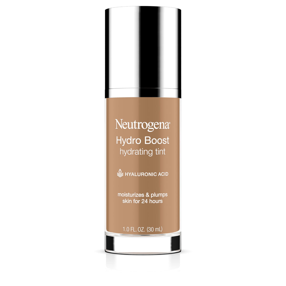 Neutrogena Hydro Boost Tint bottle close-up shows hydrating formula for dry skin and natural finish