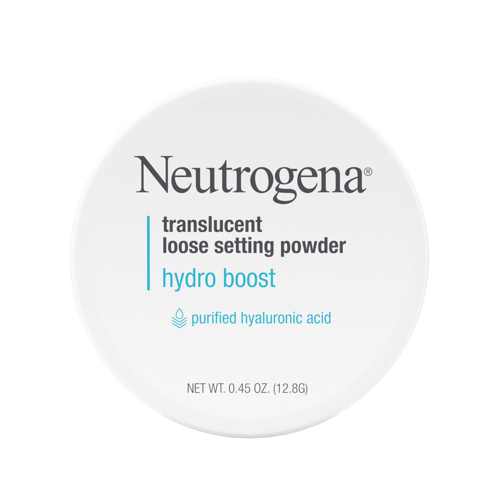 Neutrogena Hydro Boost setting powder bottle pouring for long-lasting, hydrated makeup.