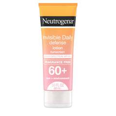Neutrogena Invisible Daily Defense sunscreen lotion on skin; clear finish for all tones, with sun protection