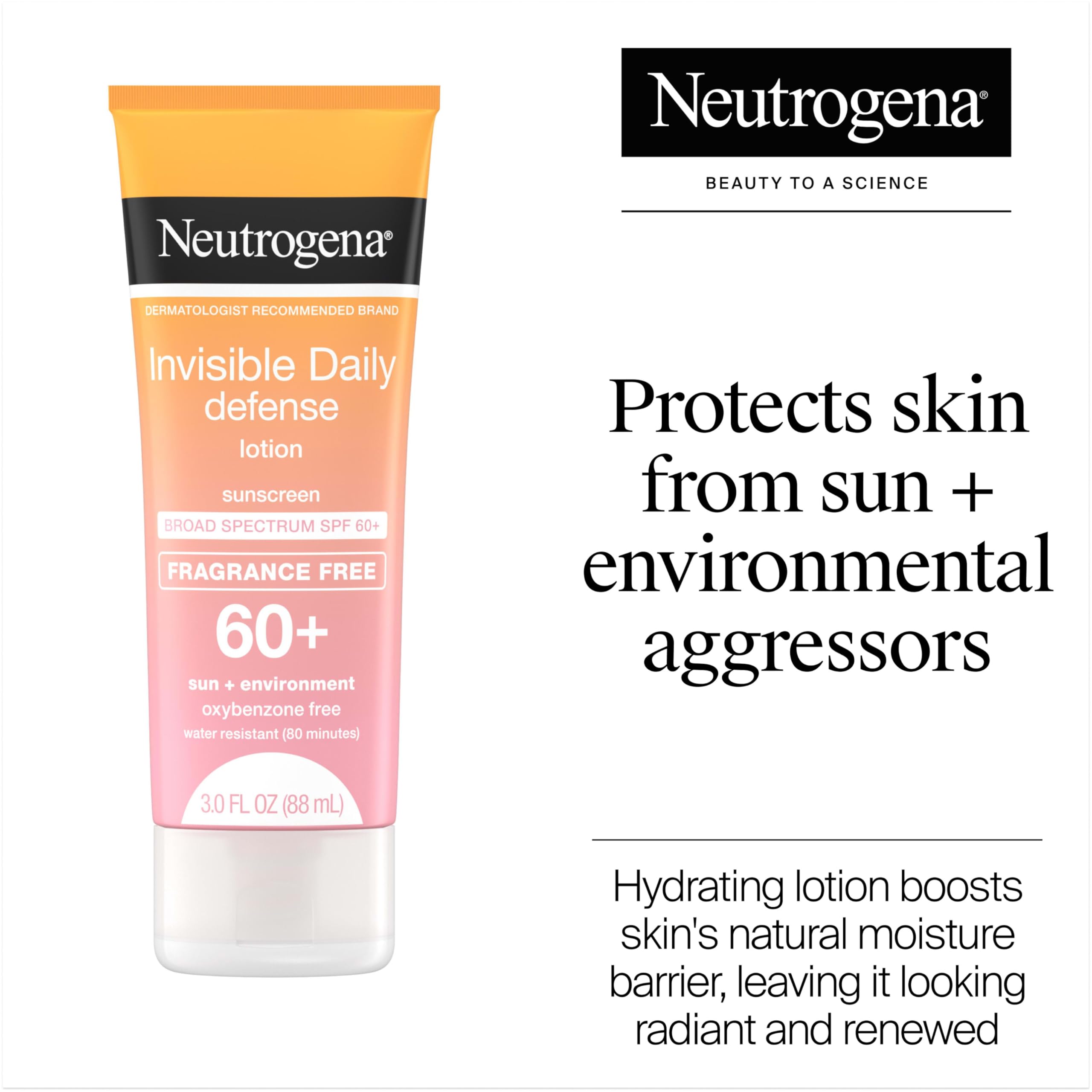 Neutrogena Invisible Daily Defense sunscreen lotion, oxybenzone-free, protecting against sun and environment