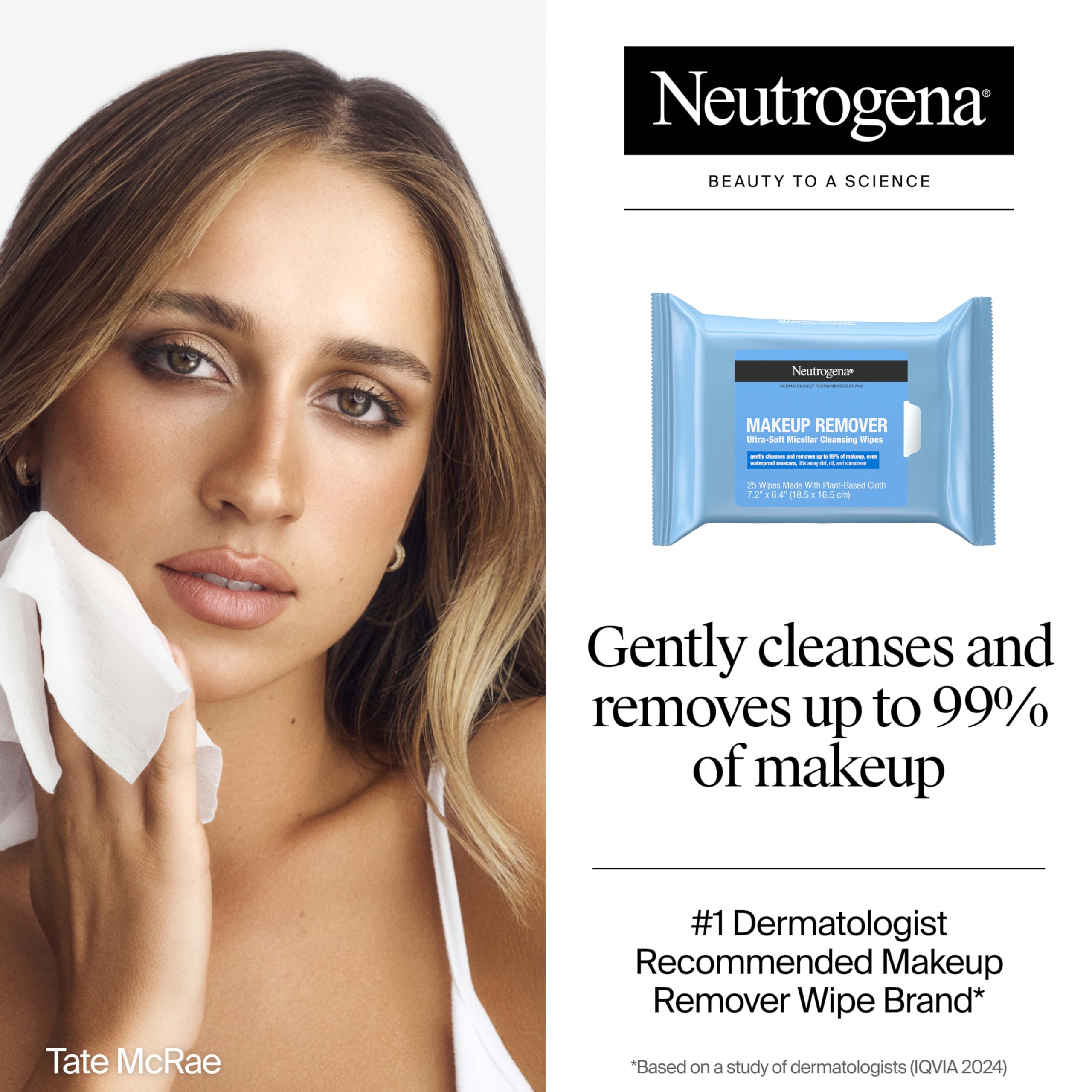 Neutrogena micellar cleansing wipes closeup, dissolves dirt and oil gently.
