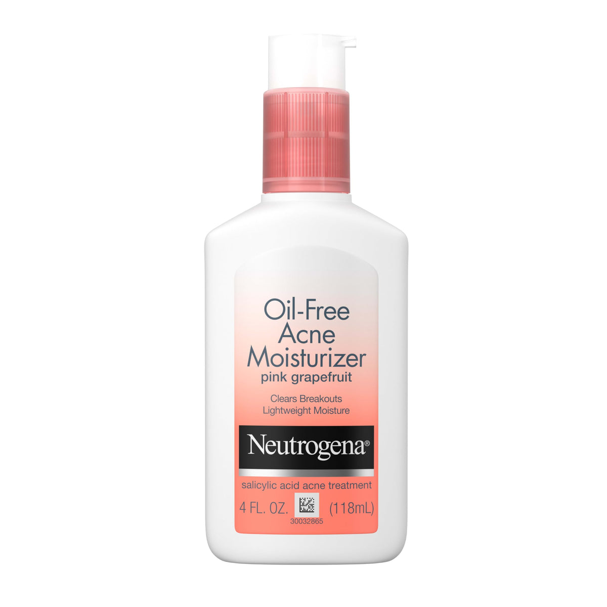 Neutrogena Oil-Free Acne Moisturizer bottle front shows lightweight non-greasy hydration.