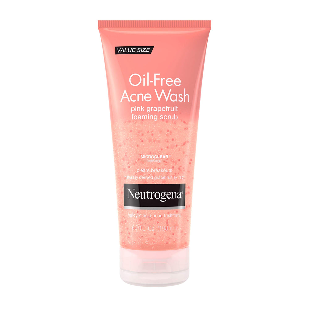 Neutrogena Oil-Free Pink Grapefruit Face Wash bottle shown for daily acne care.