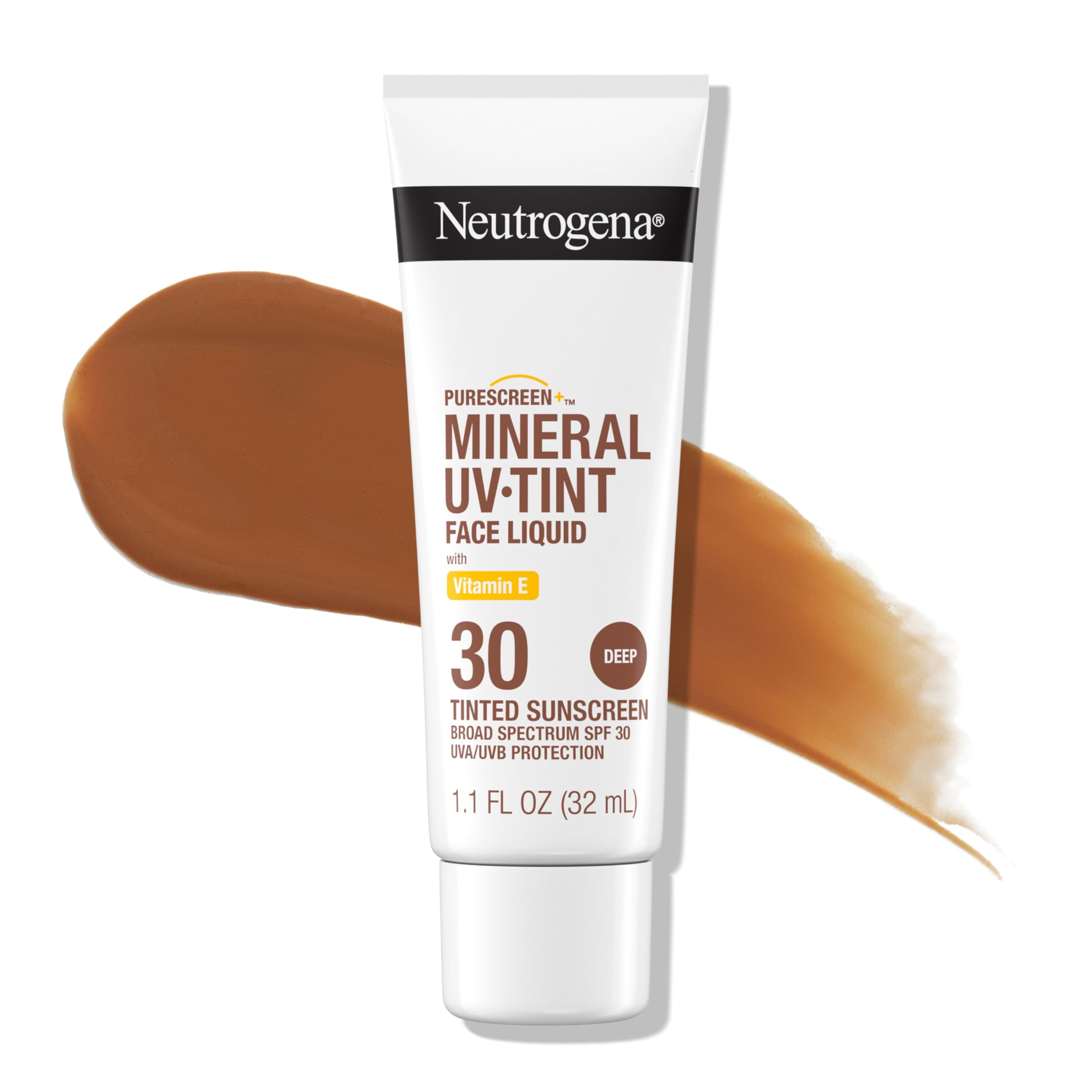 Neutrogena Purescreen+ tinted sunscreen bottle shows a lightweight, skin-tone matching tint.