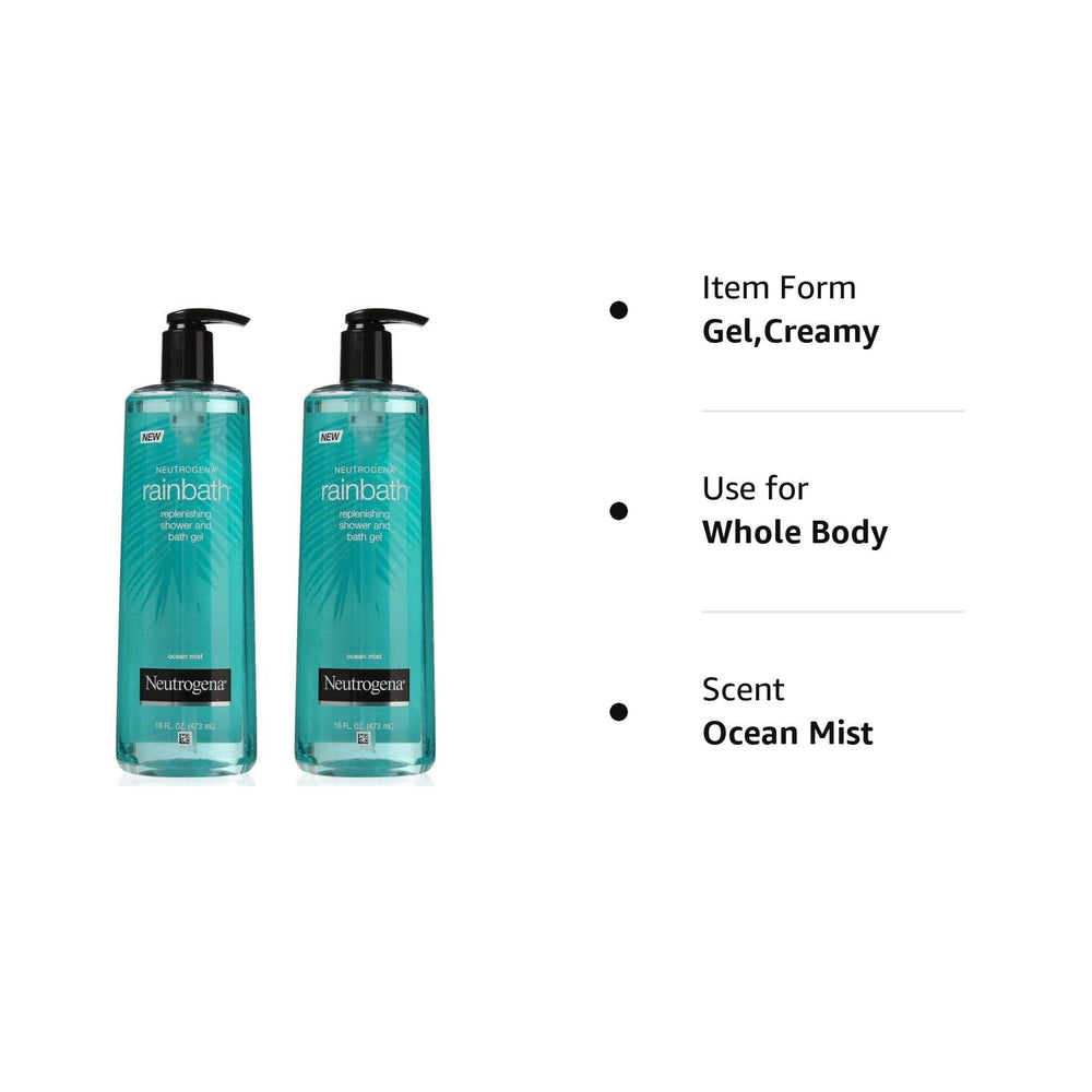 Neutrogena Rainbath Ocean Mist bottle pouring rich lather for a spa-like shower