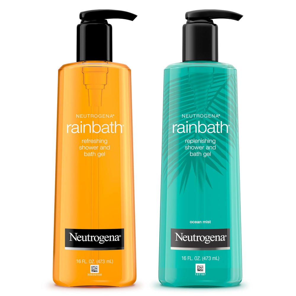 Neutrogena Rainbath original pump bottle in shower for daily cleansing with a warm fragrance.