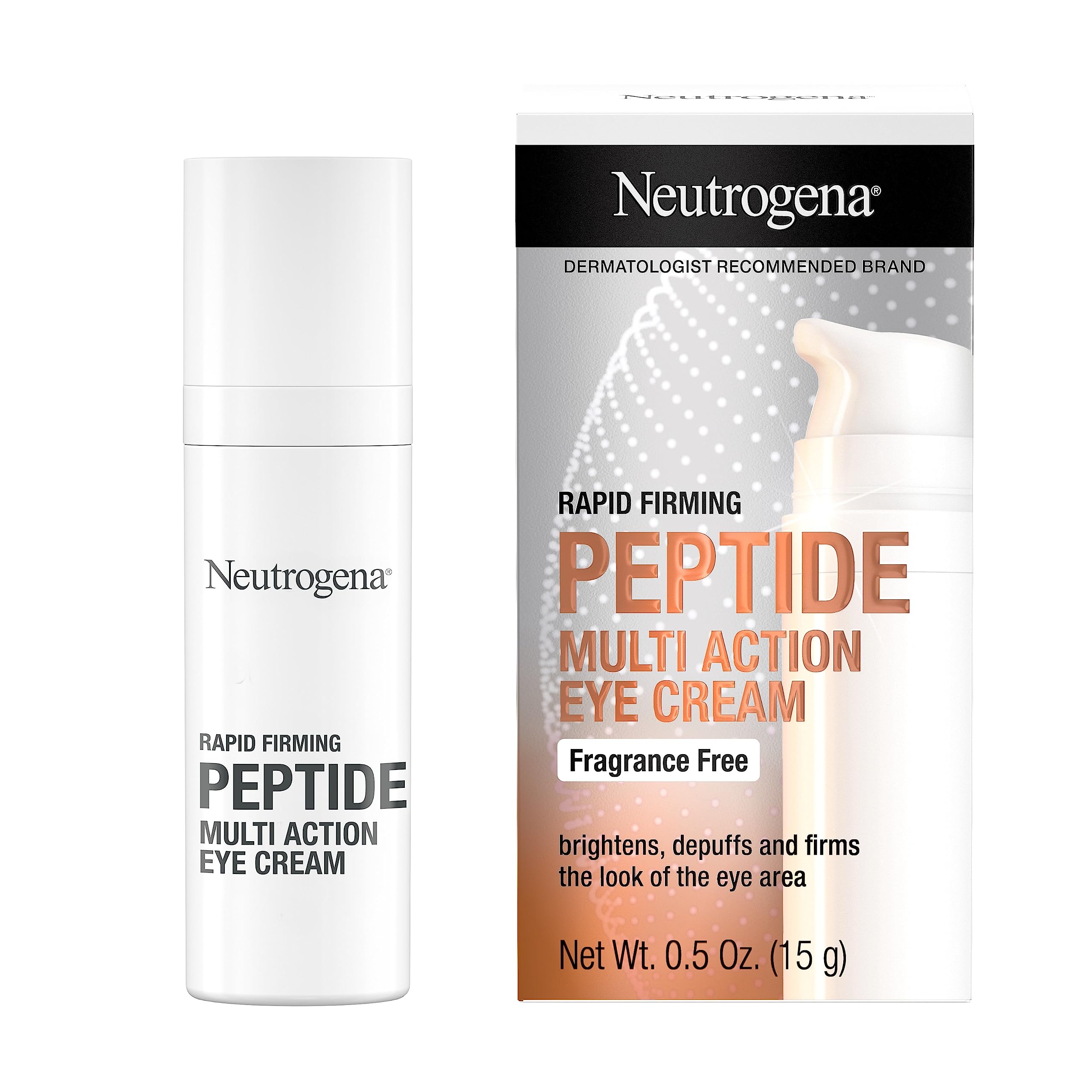 Neutrogena Rapid Firming Peptide Eye Cream tube demonstrates sleek packaging for hydration.