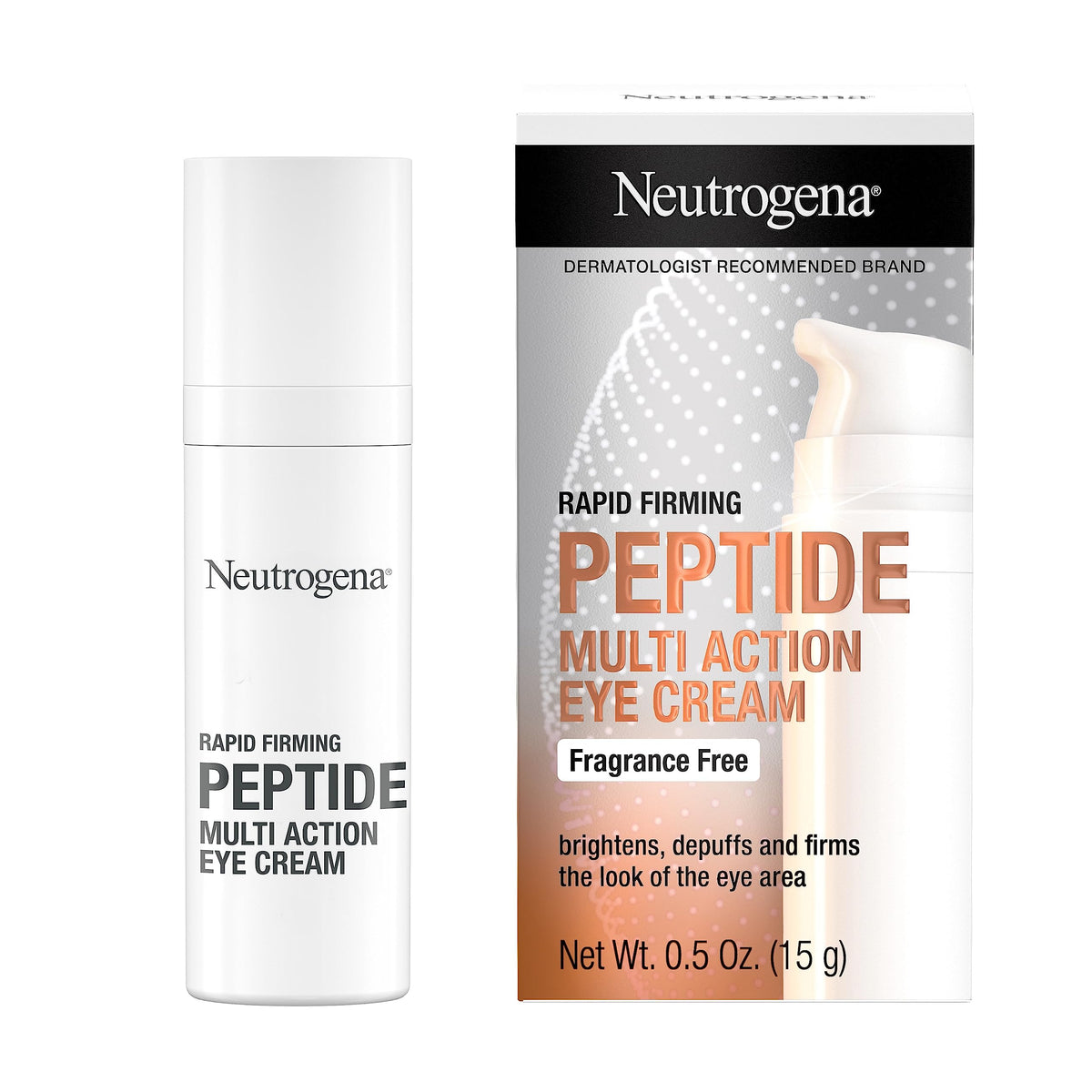 Neutrogena Rapid Firming Peptide Eye Cream tube demonstrates sleek packaging for hydration.