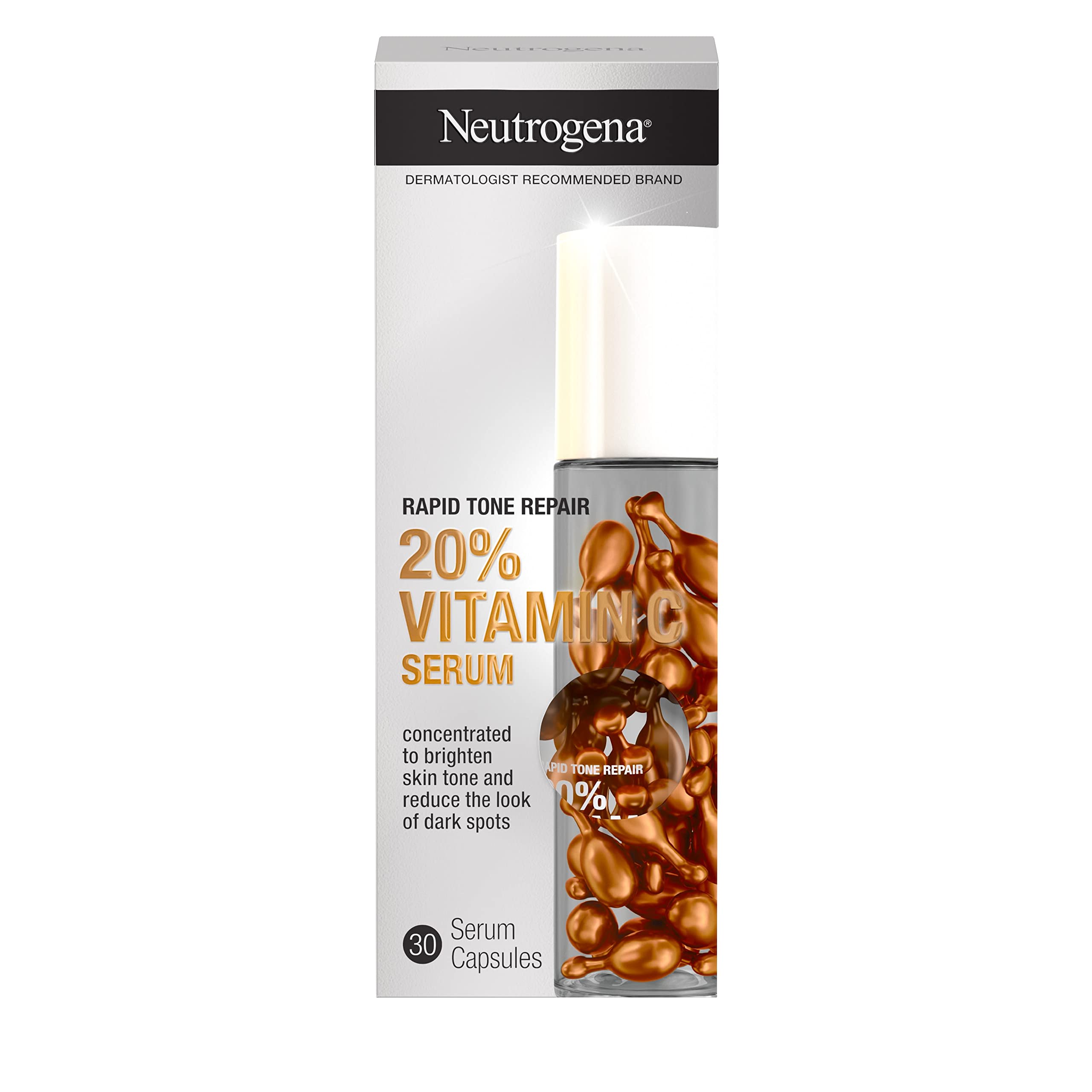 Neutrogena Rapid Tone Repair capsules pack closeup, brightening and evening skin tone