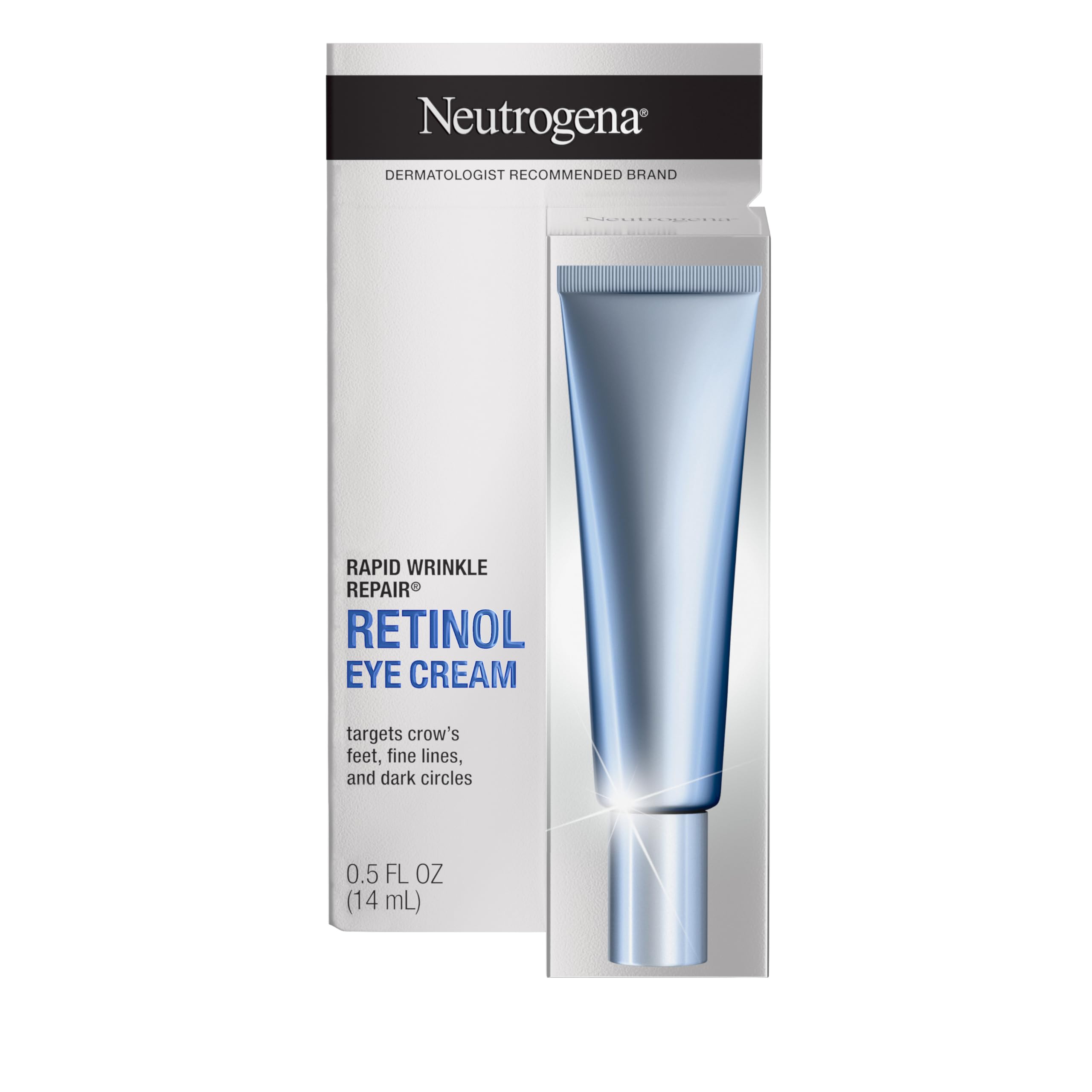 Neutrogena Rapid Wrinkle Repair Eye Cream tube targets under-eye concerns with retinol.