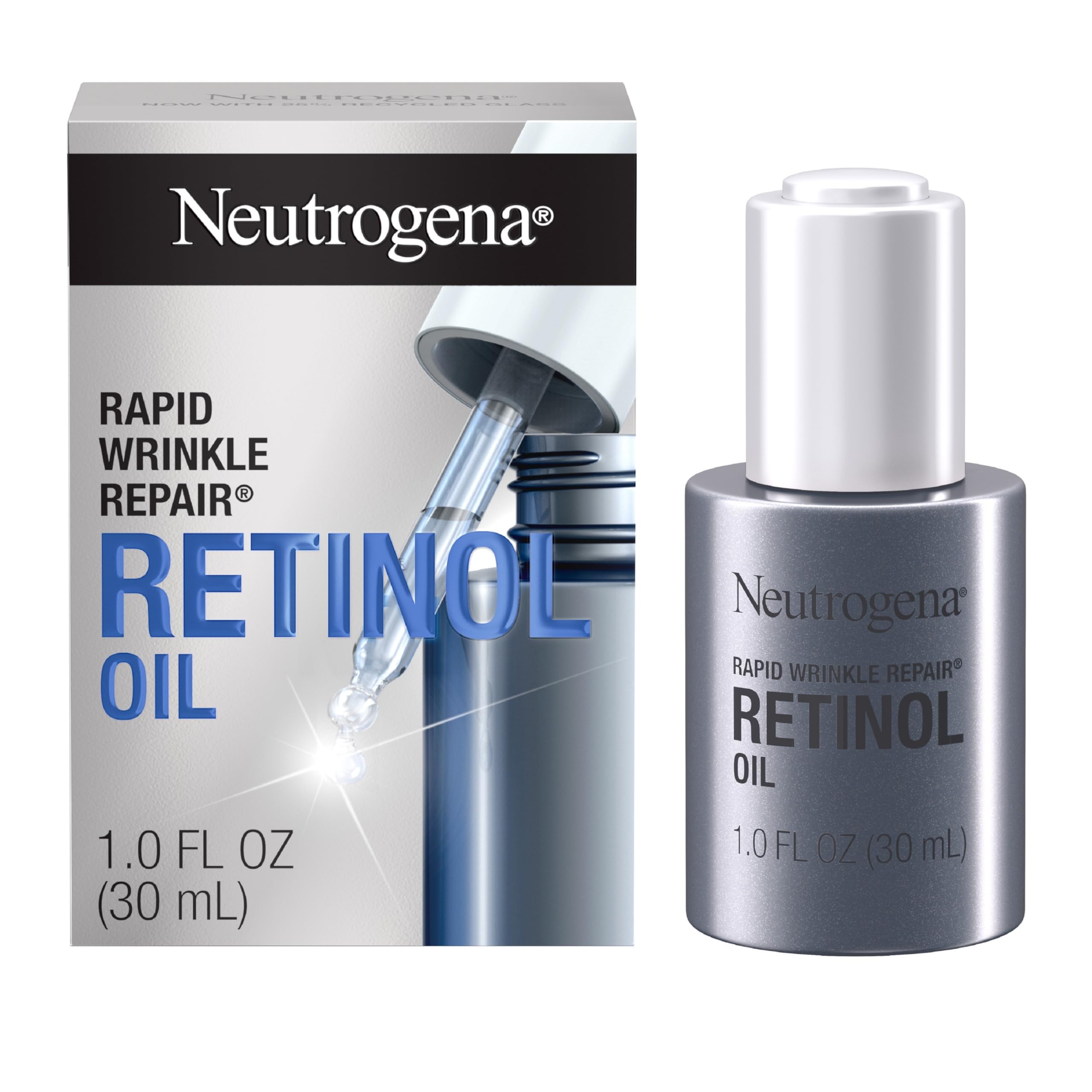 Neutrogena Rapid Wrinkle Repair oil bottle highlights retinol for smoother skin.