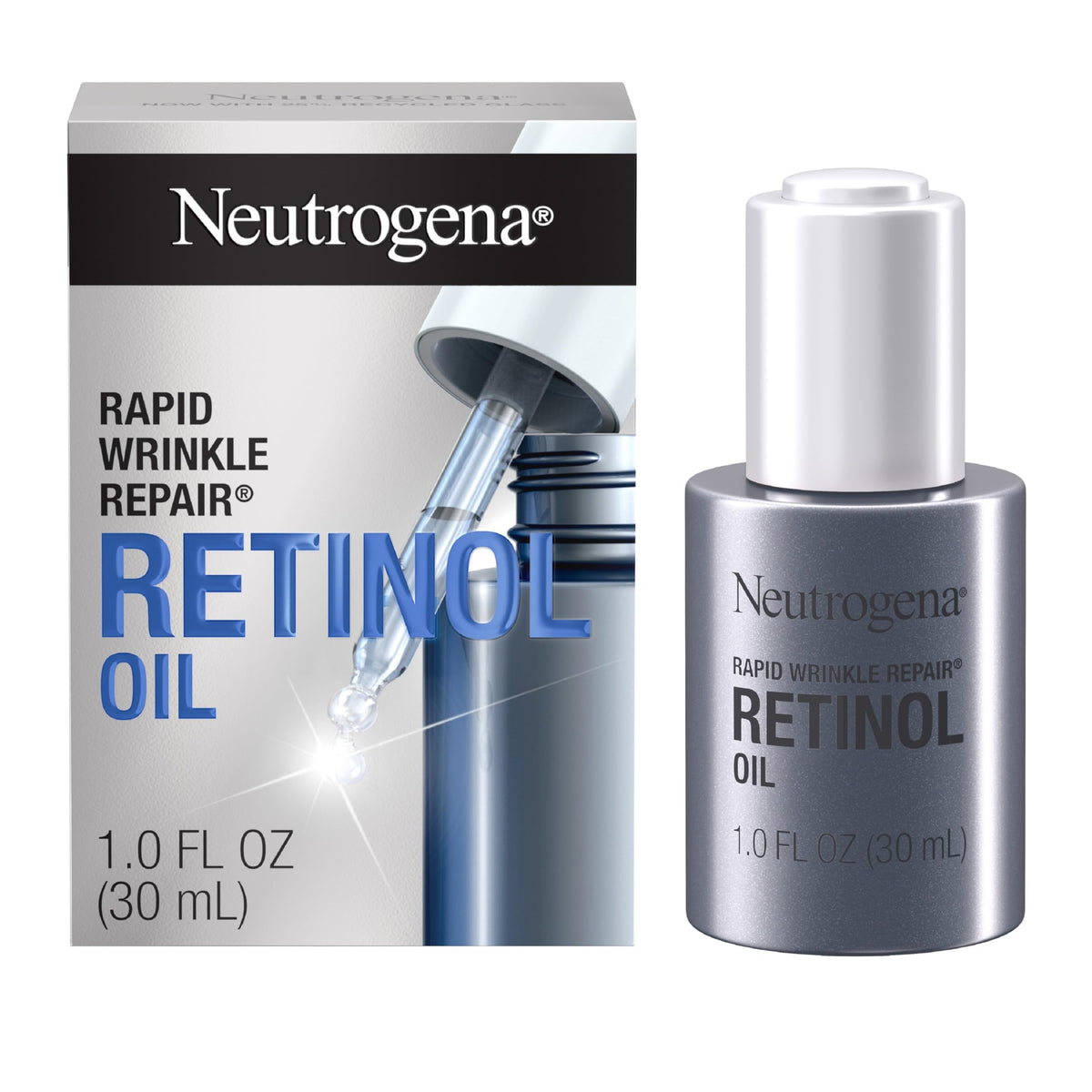 Neutrogena Rapid Wrinkle Repair oil bottle highlights retinol for smoother skin.
