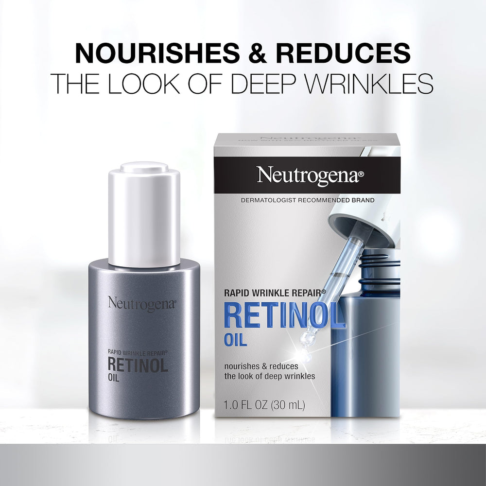 Neutrogena Rapid Wrinkle Repair oil applied to clean skin at night.