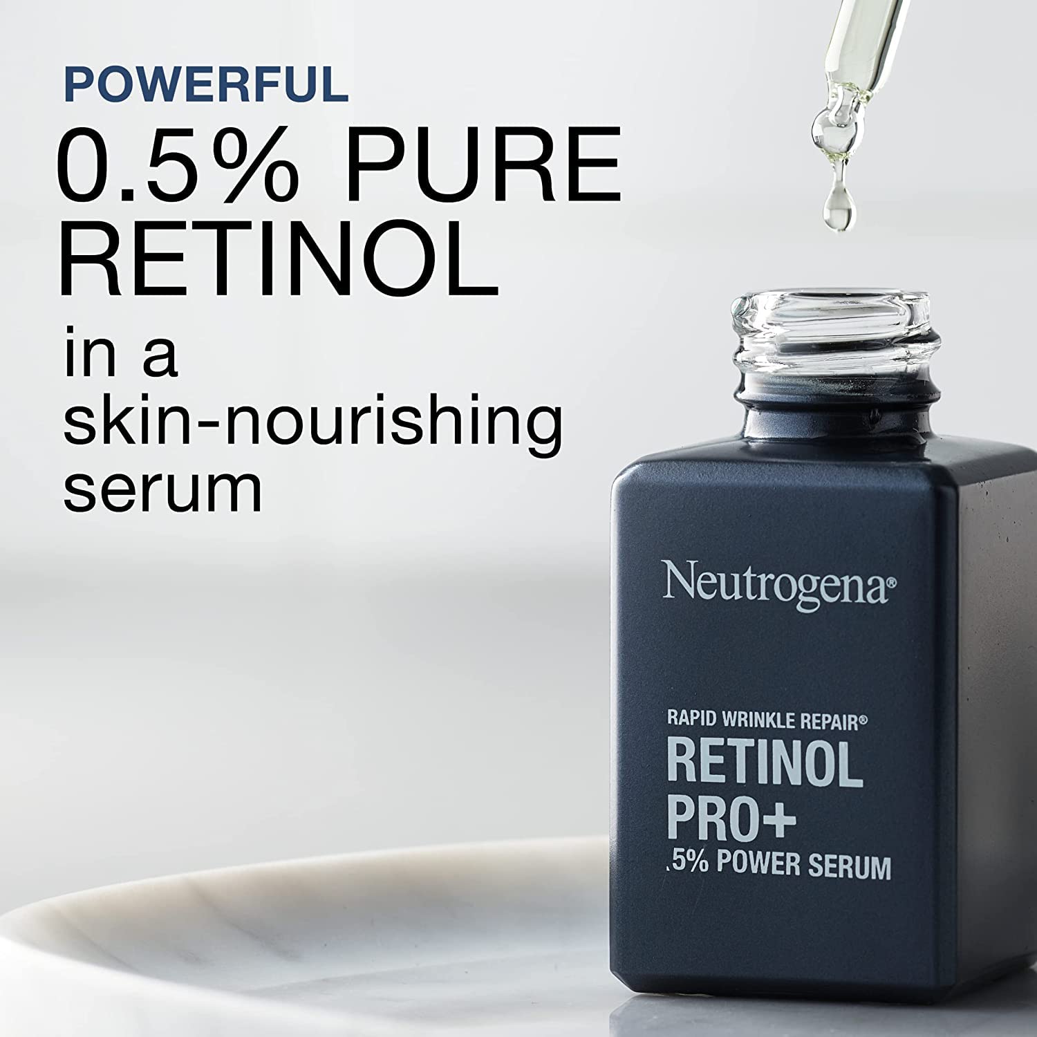 Neutrogena Rapid Wrinkle Repair Serum dropper delivers retinol for targeted wrinkle-softening.