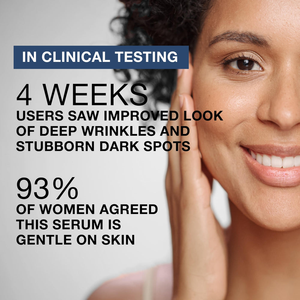 Neutrogena Rapid Wrinkle Repair Serum spread on face shows smooth texture and fast absorption