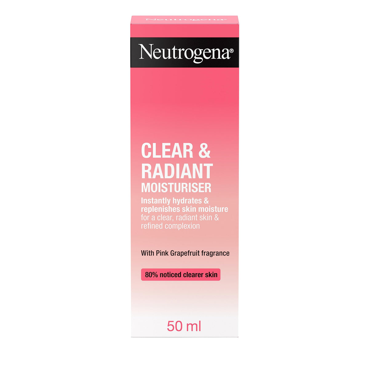 Neutrogena Refreshingly Clear oil-free moisturiser bottle front for radiant, non-greasy daily hydration.