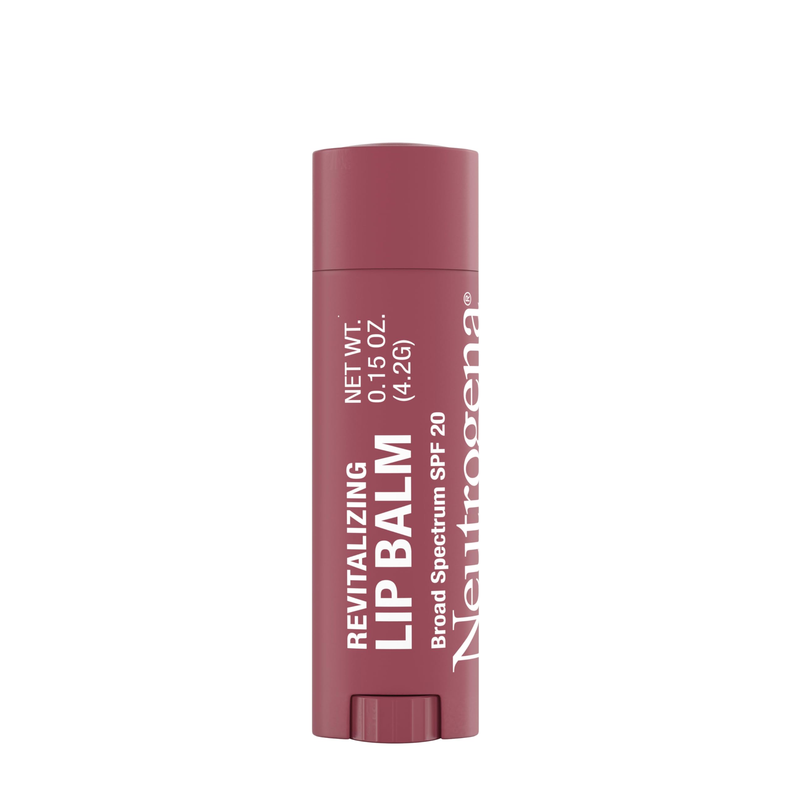 Tube of Neutrogena Revitalizing Tinted Lip Balm SPF 20 with sheer plum tint for daily use