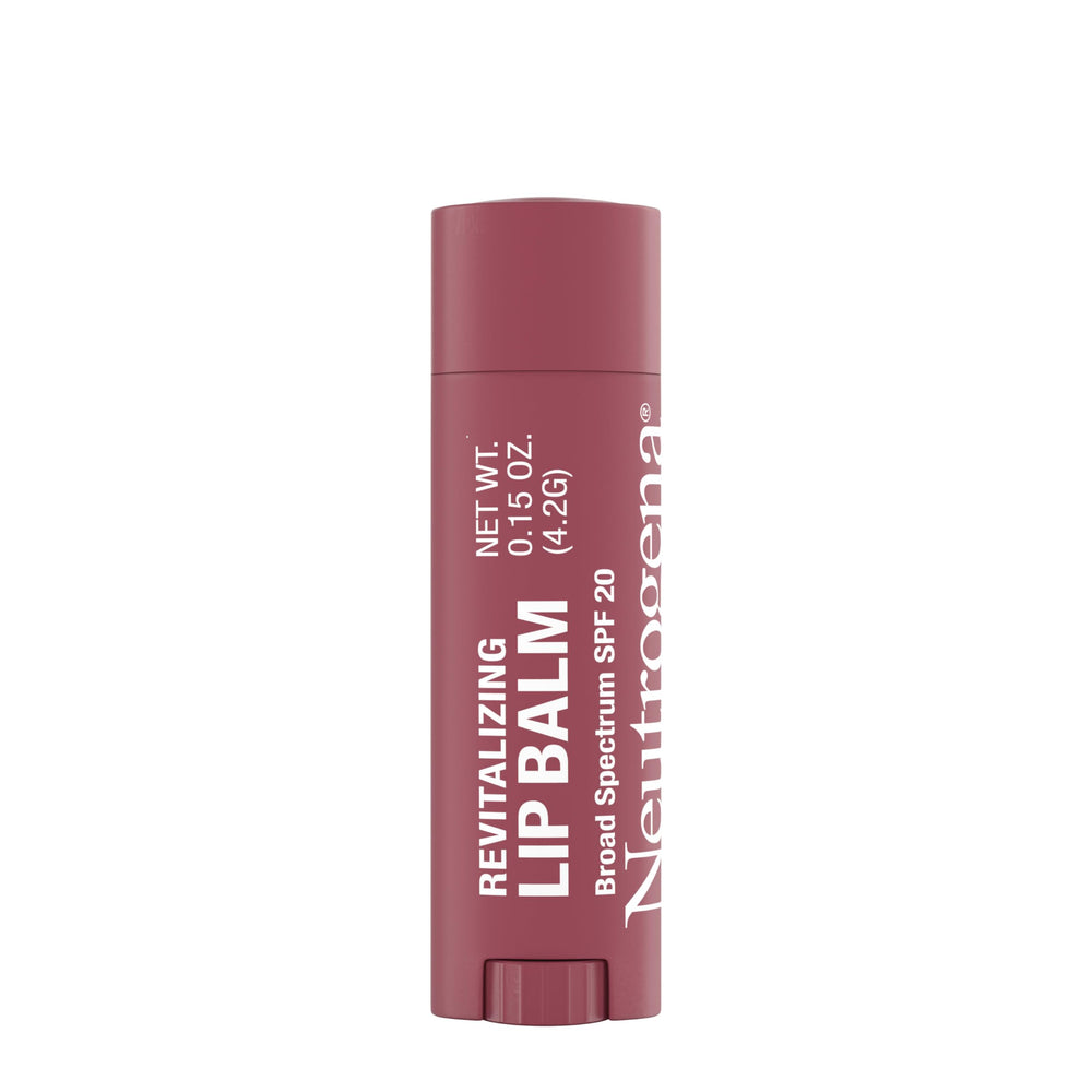 Tube of Neutrogena Revitalizing Tinted Lip Balm SPF 20 with sheer plum tint for daily use