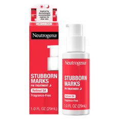 Neutrogena Stubborn Marks PM Treatment bottle for overnight exfoliation and post-acne mark improvement.