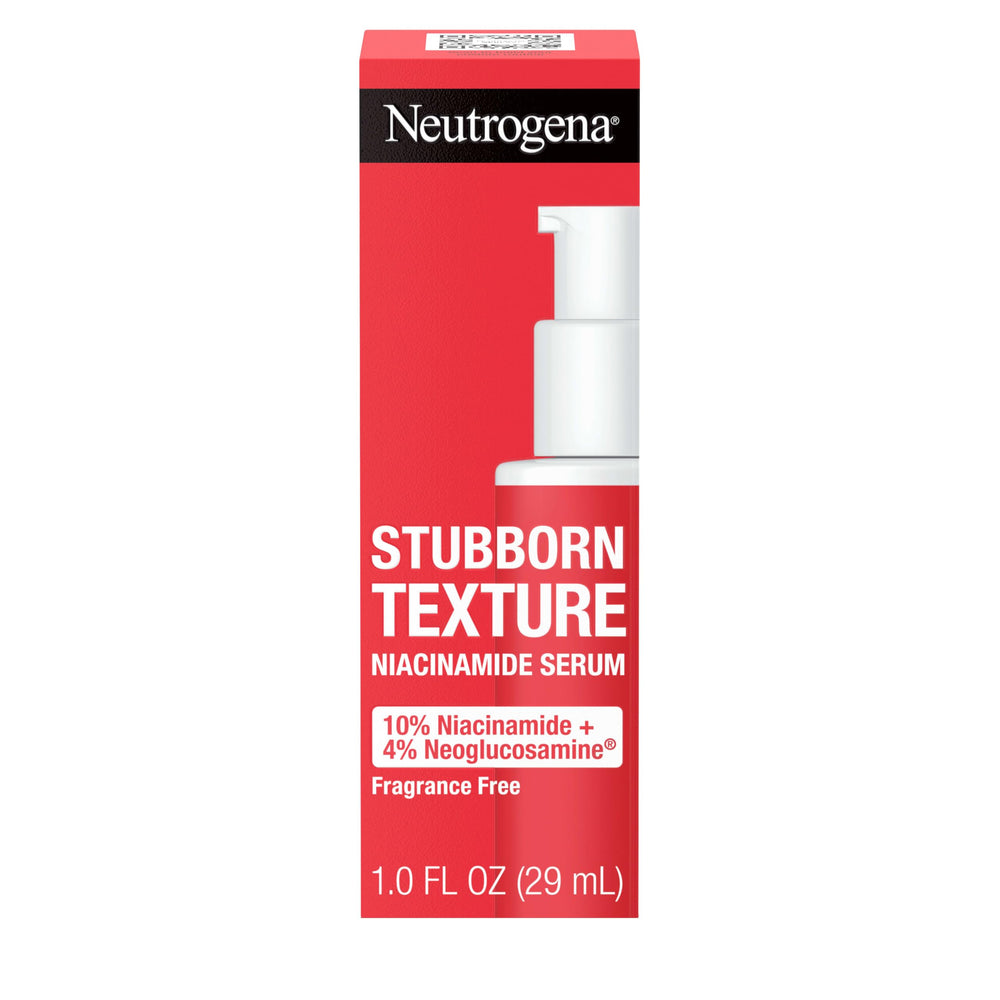 Neutrogena Stubborn Texture Serum bottle showing easy daily resurfacing and hydration
