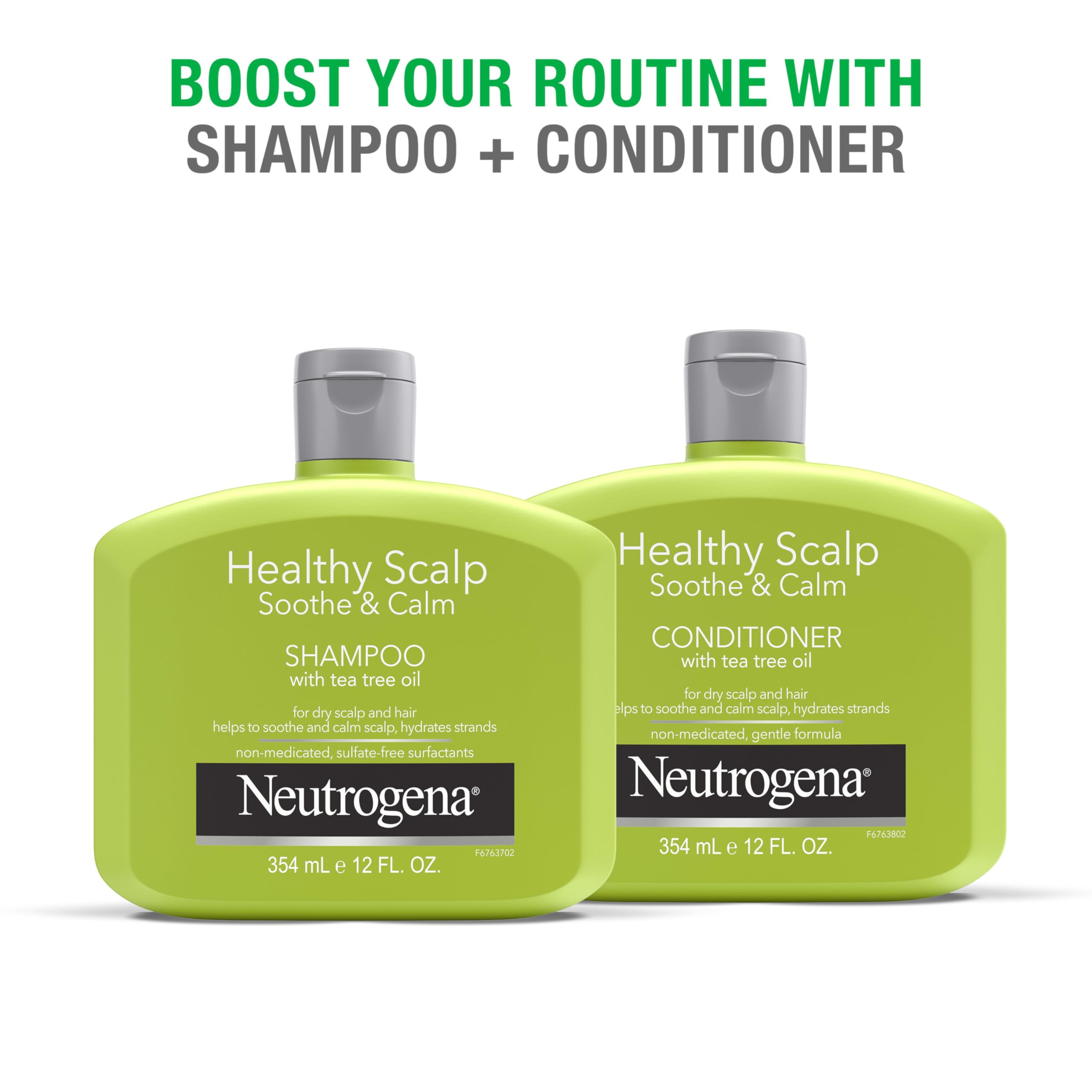 Neutrogena Tea Tree Oil Conditioner on bathroom counter beside shampoo