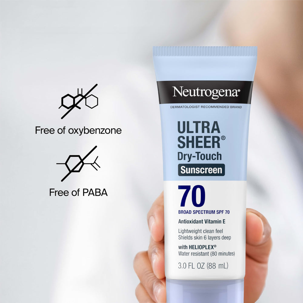 Broad spectrum Neutrogena SPF 70 guards UVA/UVB outdoors.