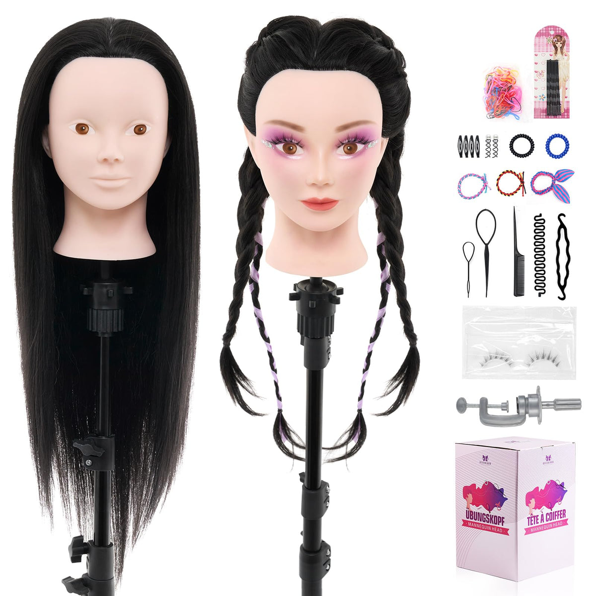 Neverland Beauty mannequin head with 50% real human hair for authentic practice texture.