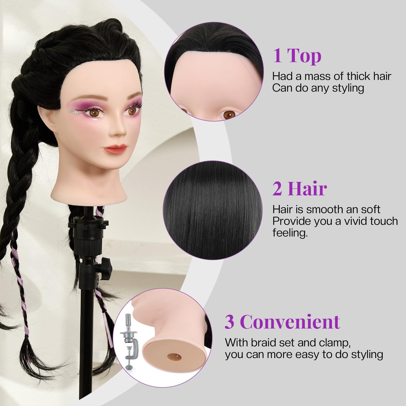 Neverland Beauty head includes false eyelashes for eyelash makeup practice.