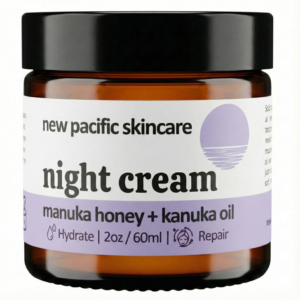 New Pacific Skincare Manuka Honey Night Cream bottle demonstrating overnight hydration
