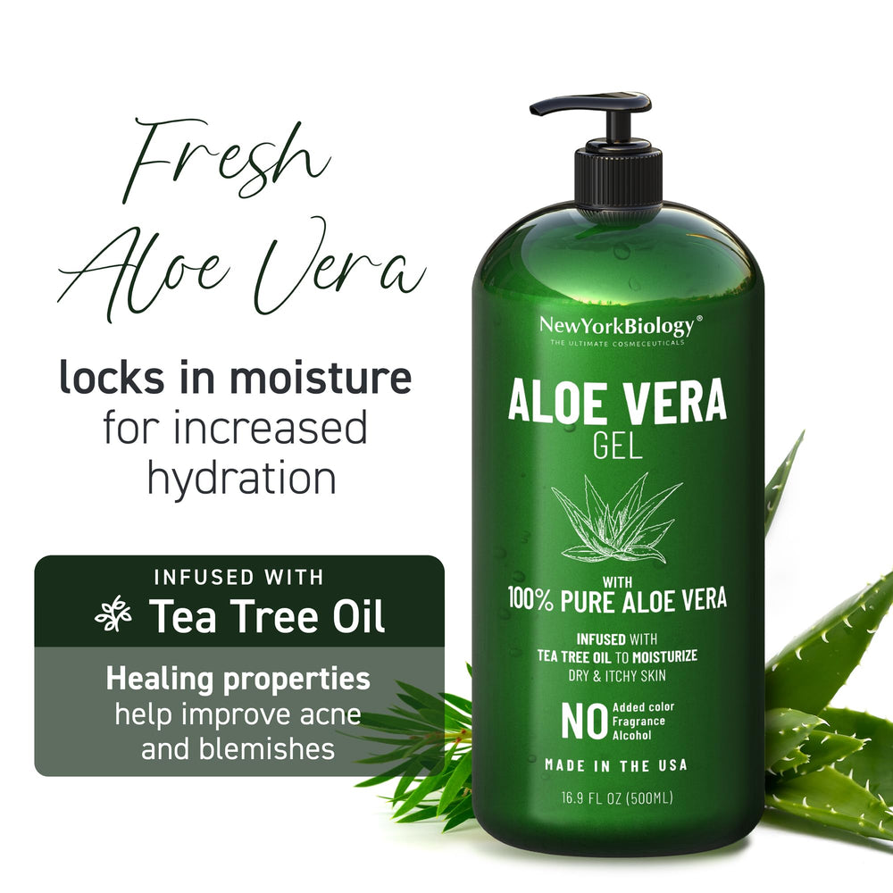 New York Biology Aloe Vera Gel highlights tea tree oil detail for added aroma and care.