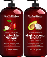 New York Biology apple cider vinegar shampoo bottle promoting clear scalp and shine.
