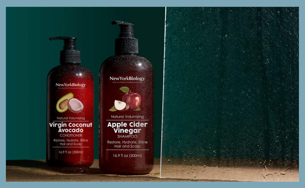 New York Biology Apple Cider Vinegar Shampoo scalp close-up, refreshed feel.