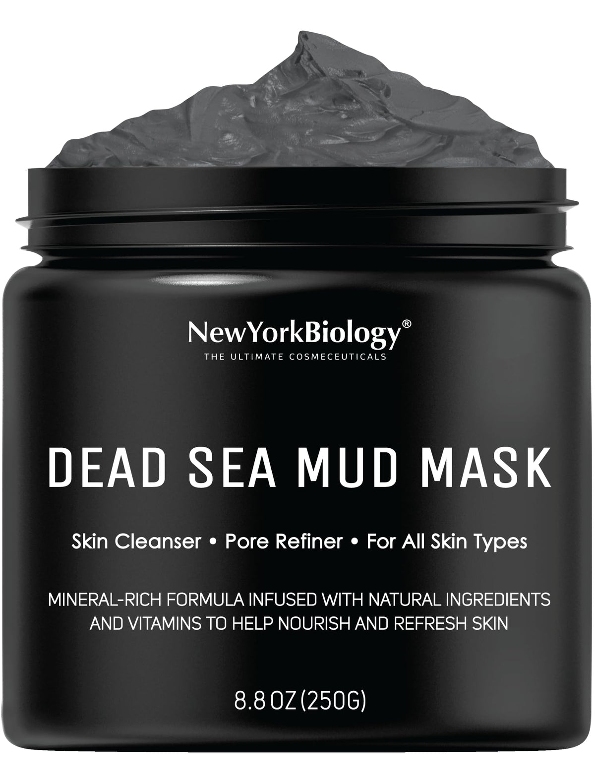 New York Biology Dead Sea Mud Mask on face for clarified pores and glow.