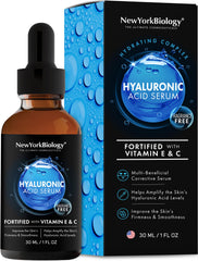 New York Biology Hyaluronic Acid Serum bottle highlights deep hydration for dry skin