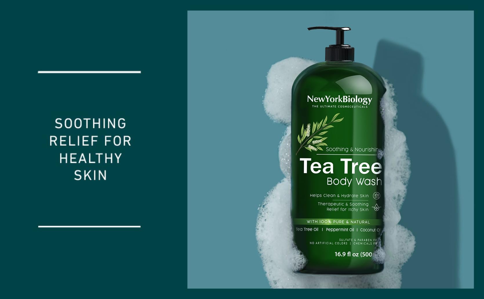NEW YORK BIOLOGY Tea Tree Body Wash angled shot demonstrates gentle cleansing without harsh residues.