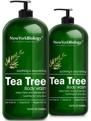 NEW YORK BIOLOGY Tea Tree Body Wash bottle providing soothing cleanse and hydration for all skin types.