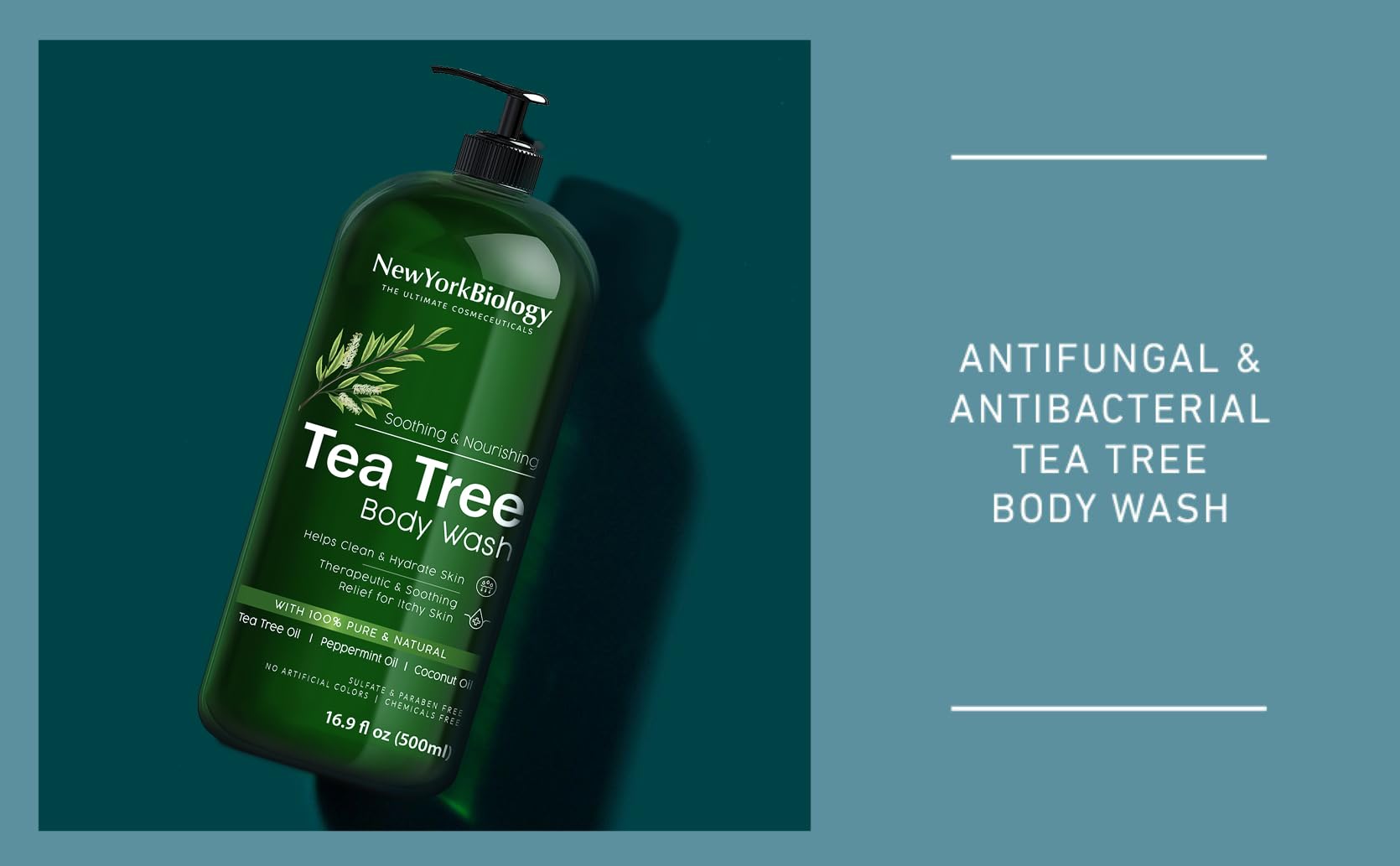 NEW YORK BIOLOGY Tea Tree Body Wash closeup highlights nourishing formula for rough skin.