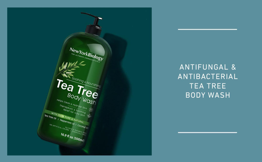 NEW YORK BIOLOGY Tea Tree Body Wash closeup highlights nourishing formula for rough skin.