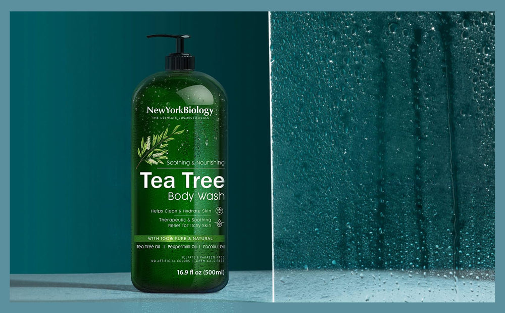 NEW YORK BIOLOGY Tea Tree Body Wash packaging emphasizes cruelty-free USA-made formula for daily use.