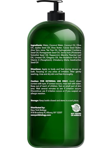 New York Biology Tea Tree Body Wash pump label close-up highlights natural tea tree formulation