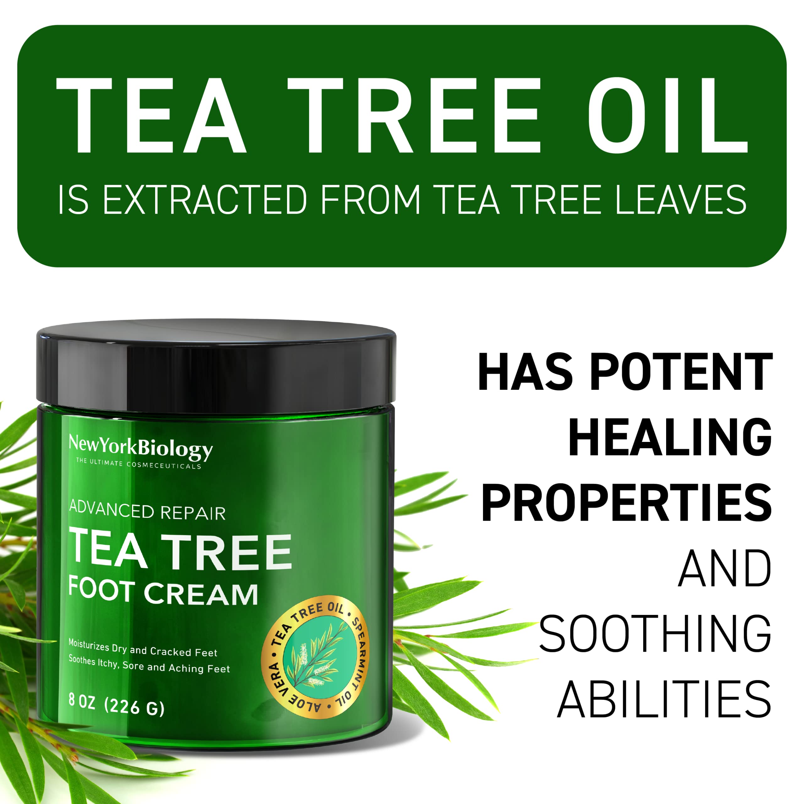 New York Biology Tea Tree Oil Foot Cream bottle pump enables clean, precise application.