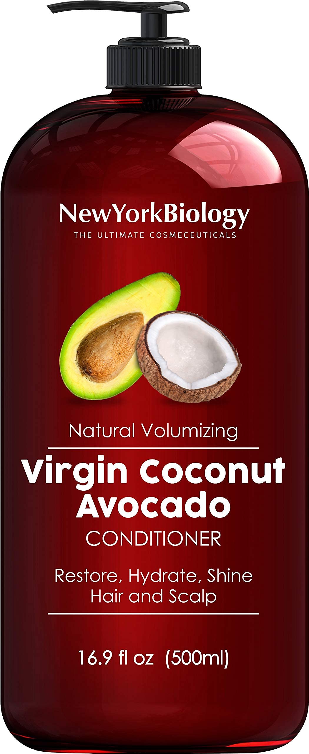 New York Biology virgin coconut avocado oil conditioner bottle for hydrated, glossy hair.